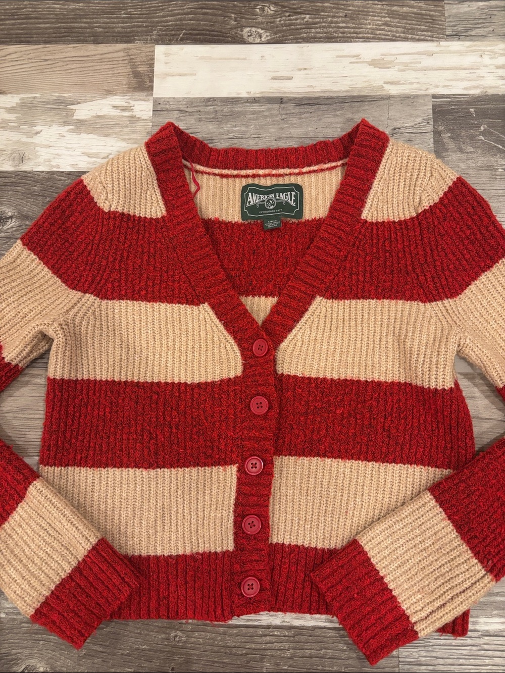 American Eagle Outfitters Red and Beige Striped V-Neck Button Cardigan